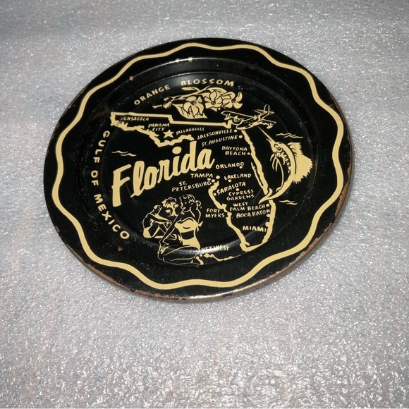 Vtg Florida State Souvenir Map Round Tin Tray Travel Trip Orange Blossom Beaches - Picture 10 of 11